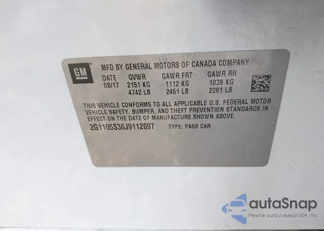 2018 Chevrolet Impala Lt из США, поврежденный, VIN 2G1105S36J9112097